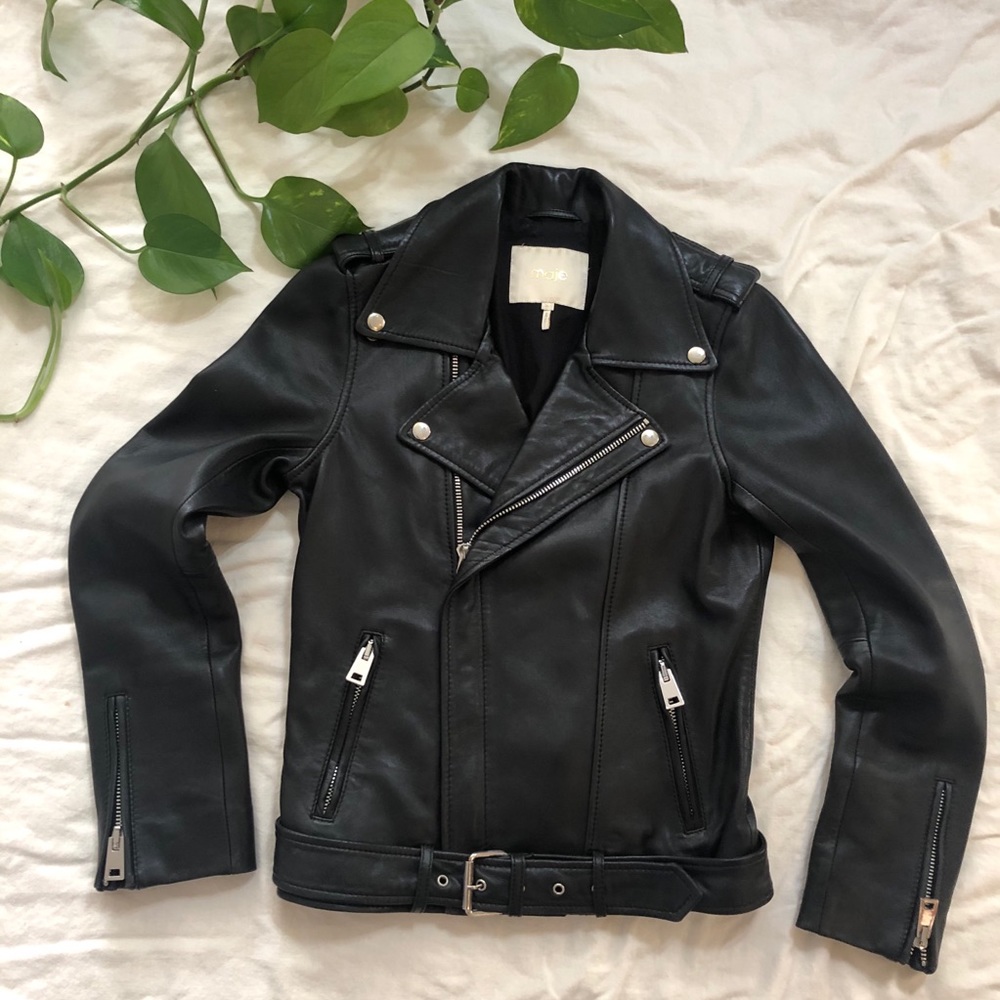 MAJE Bocelui Leather Biker Jacket with Belt Size M